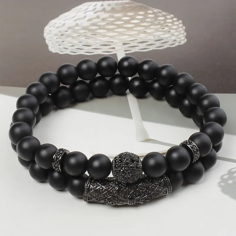 2 Piece 8mm Black Matte Beaded Stone Bracelet Set