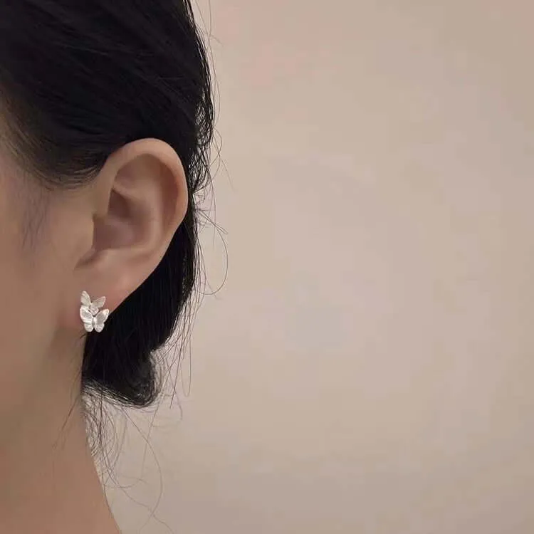 925 Silver Double Butterfly Ball Back Earrings