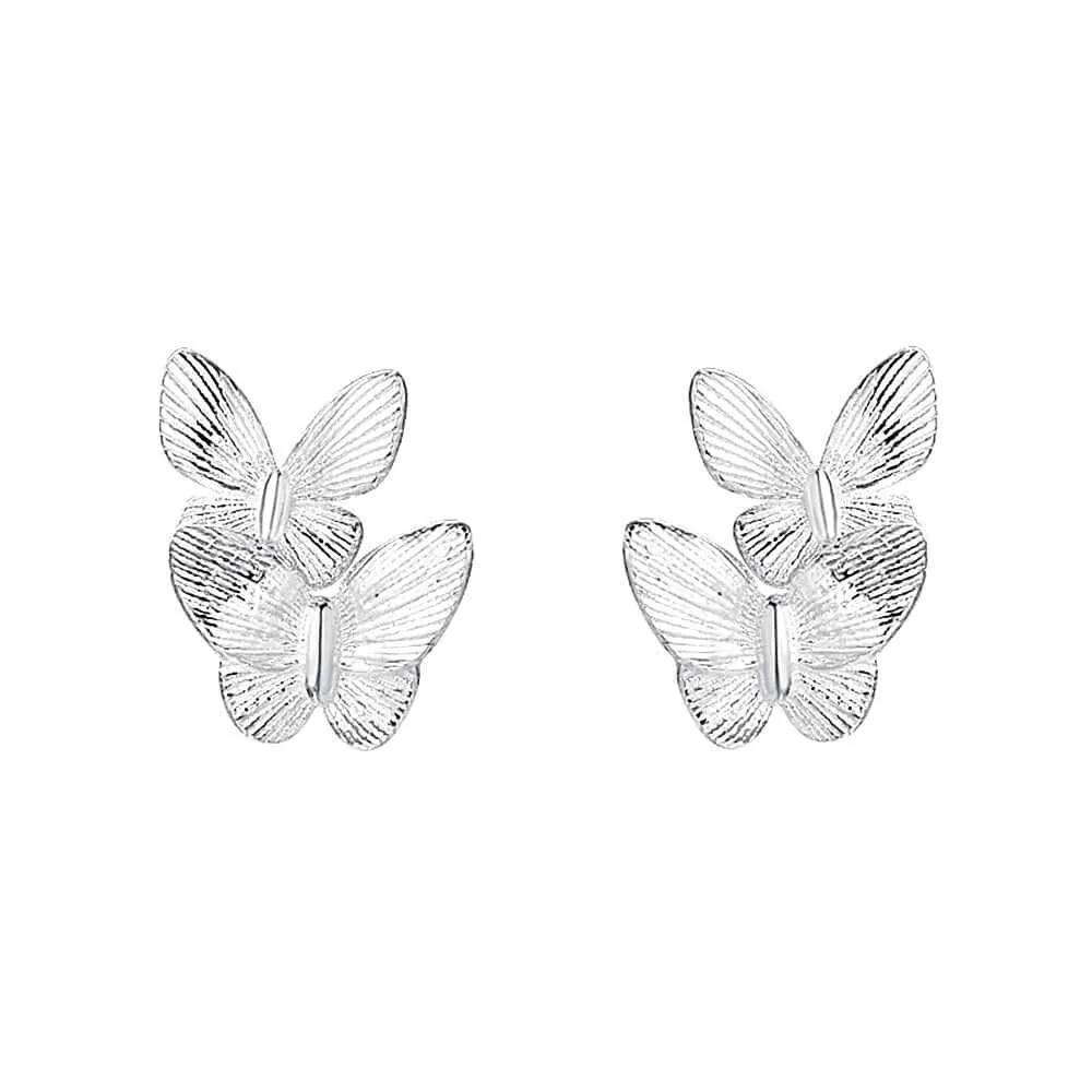 925 Silver Double Butterfly Ball Back Earrings