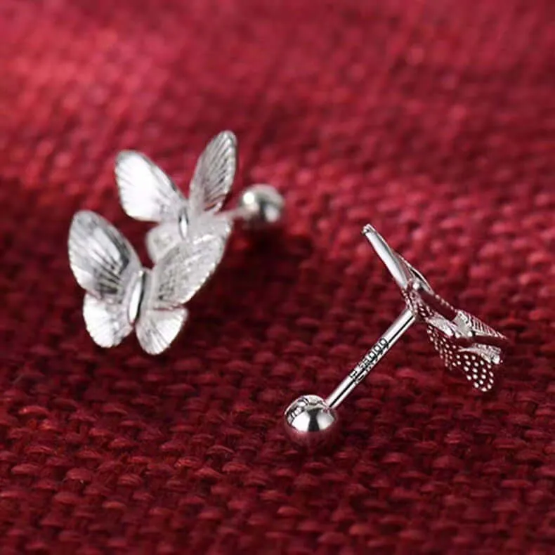 925 Silver Double Butterfly Ball Back Earrings