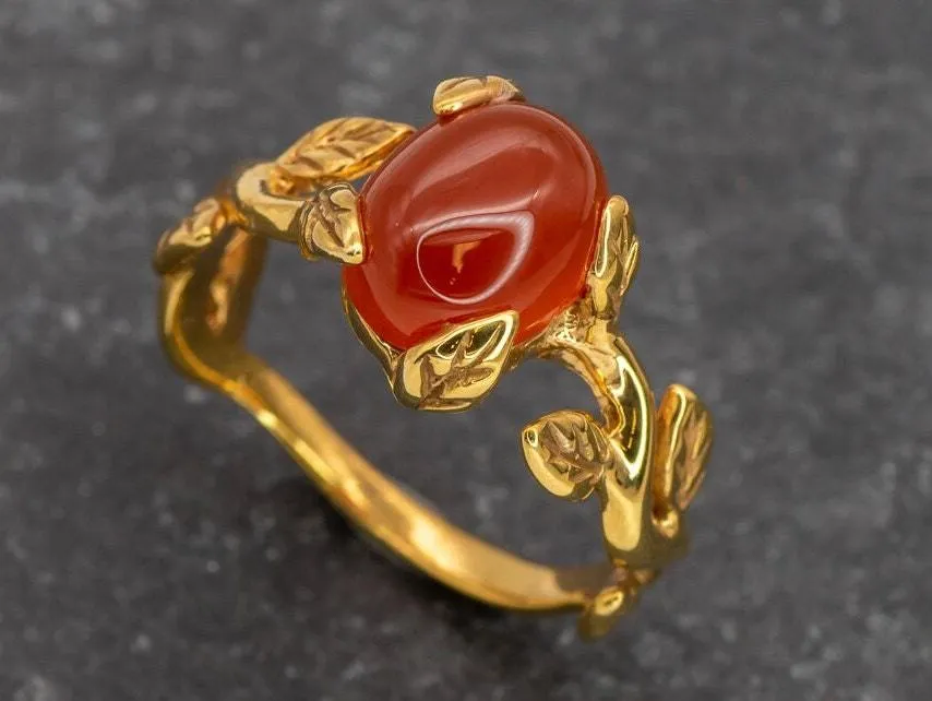 Carnelian Gold Ring - Leaf Boho Ring - Red Agate Ring