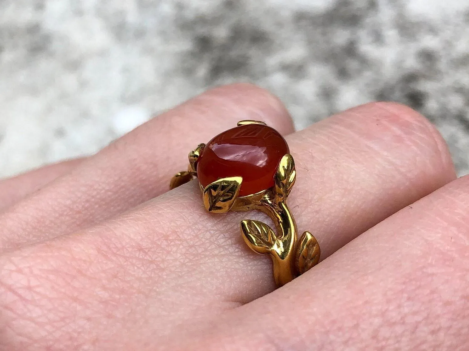 Carnelian Gold Ring - Leaf Boho Ring - Red Agate Ring