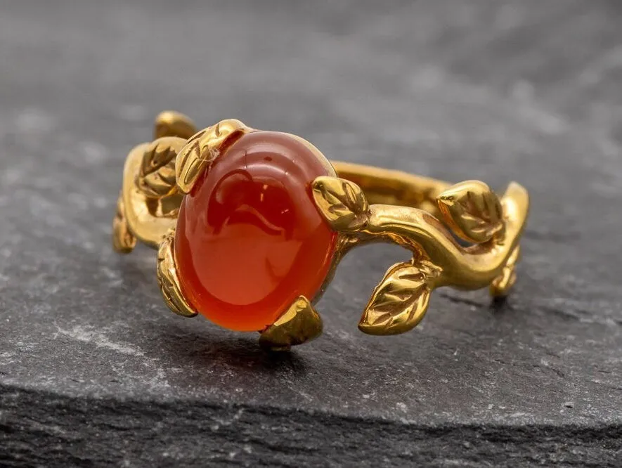 Carnelian Gold Ring - Leaf Boho Ring - Red Agate Ring