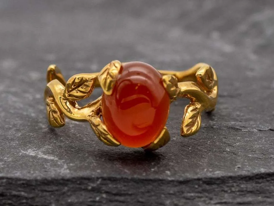Carnelian Gold Ring - Leaf Boho Ring - Red Agate Ring