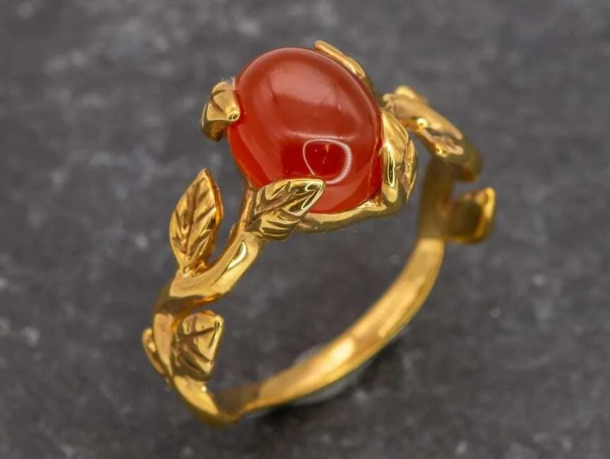 Carnelian Gold Ring - Leaf Boho Ring - Red Agate Ring