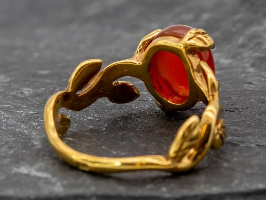 Carnelian Gold Ring - Leaf Boho Ring - Red Agate Ring