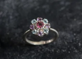 Colorful Flower Ring - Natural Tourmaline Ring - Multistone Vintage Ring