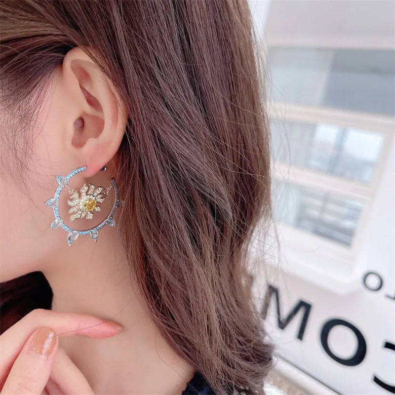 Cubic Zircon Light Luxury Sun and Mooon Earrings for Girl,Women's Party Earrings Wholesale S925 Silver Needle LYC100