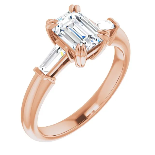 Cubic Zirconia Engagement Ring- The Betyhelena (Customizable 3-stone Emerald Cut Design with Tapered Baguettes)