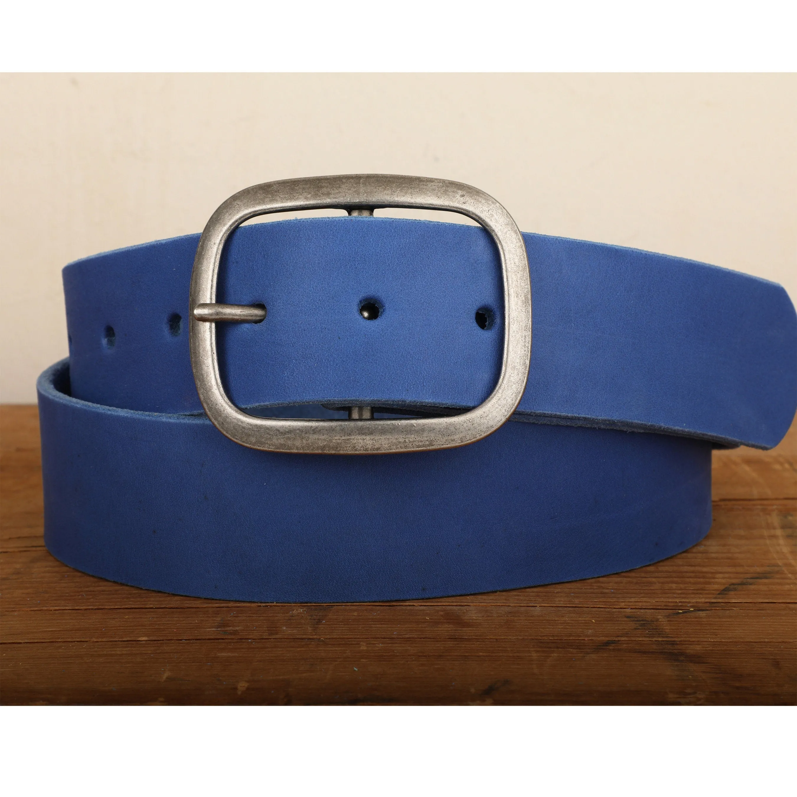 Electric Blue Wide Leather Snap Belt with Silver Tone Antique Nickel Belt Buckle