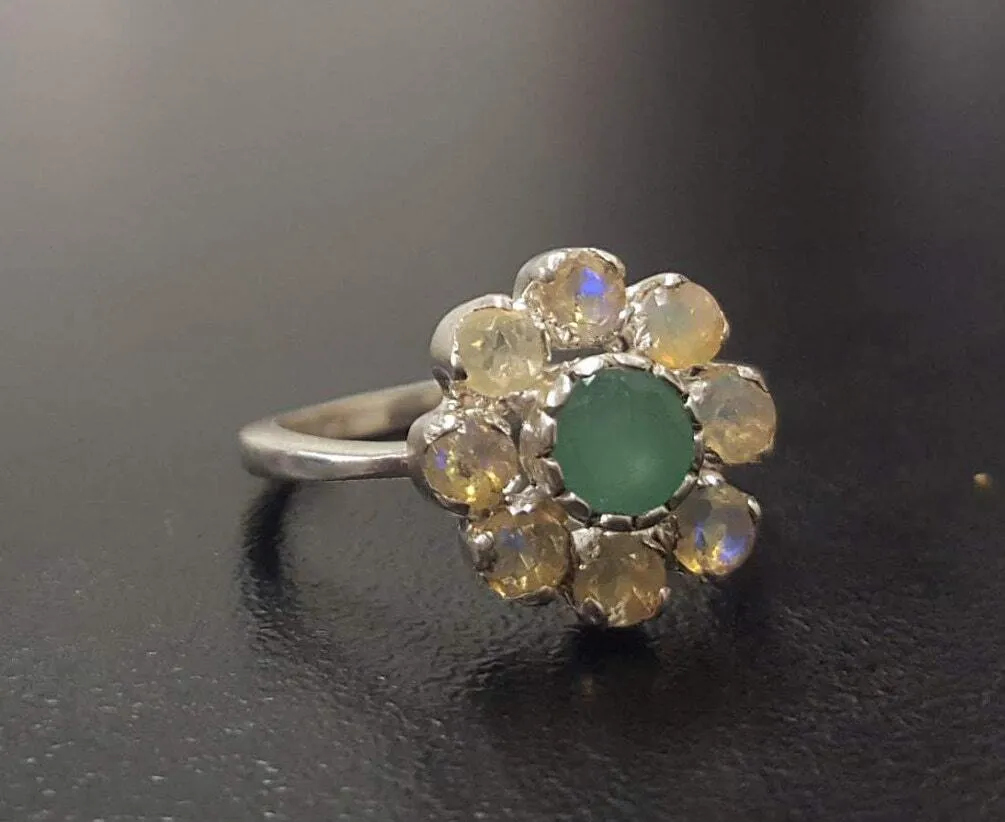 Emerald Flower Ring - Natural Opal Ring - Vintage Cocktail Ring