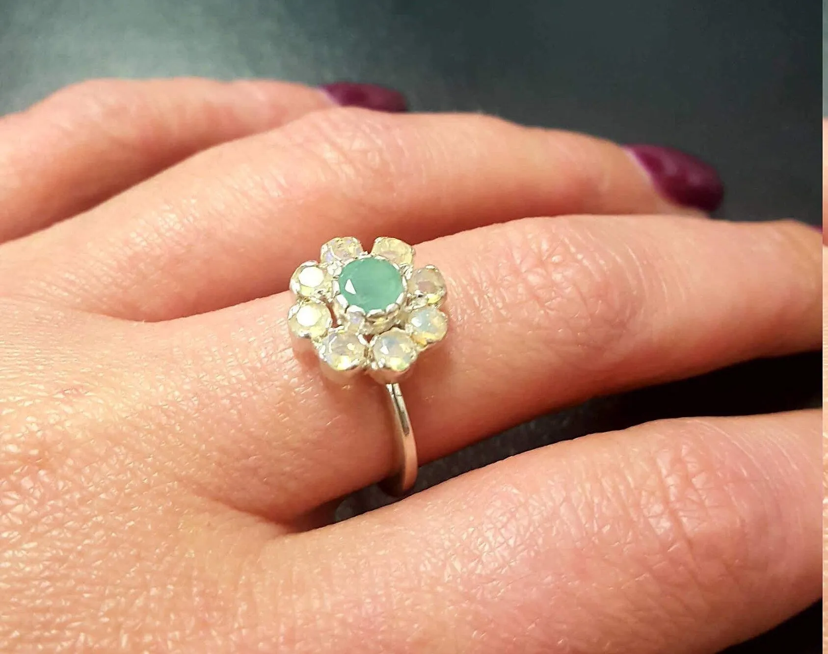 Emerald Flower Ring - Natural Opal Ring - Vintage Cocktail Ring