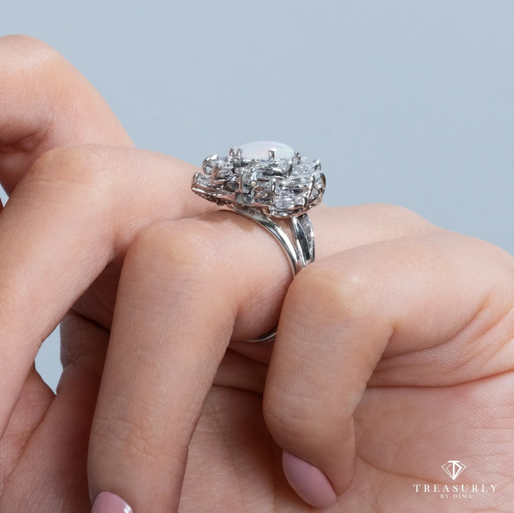Estate Vintage 3.47ct Australian Opal and Diamond Cluster Cocktail Ballerina Platinum Ring
