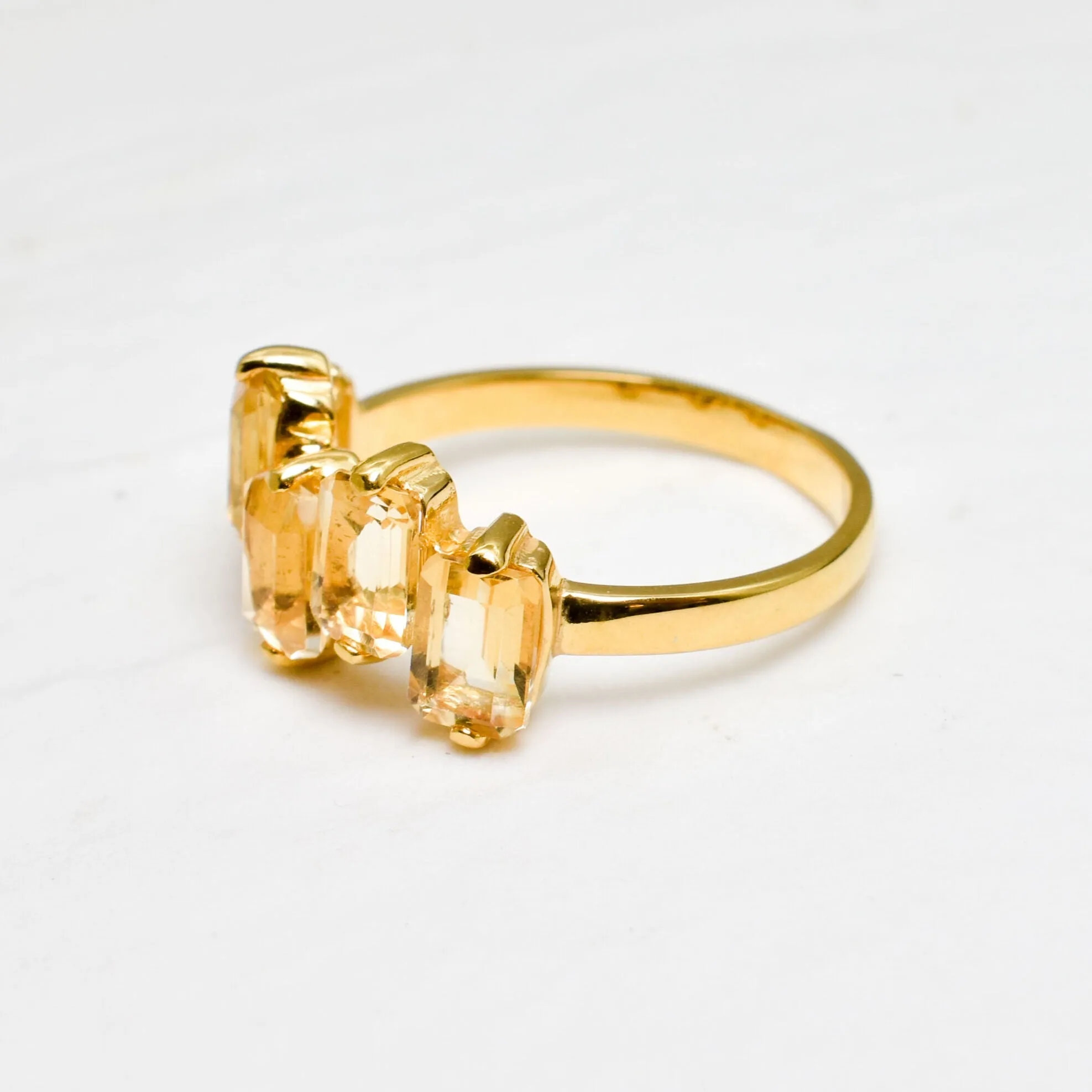 Gold Citrine Ring - Yellow Baguette Ring - Staggered Squares Ring