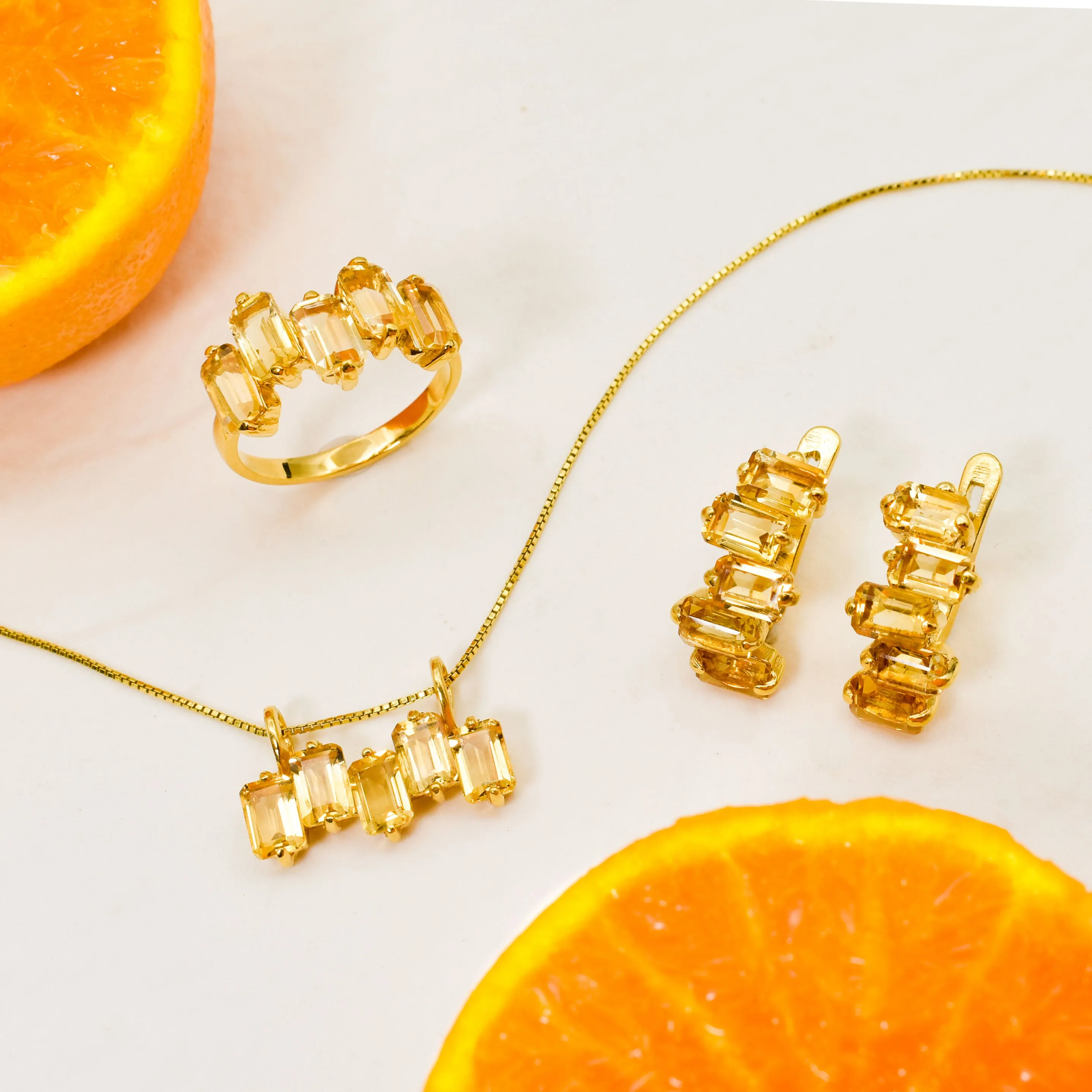 Gold Citrine Ring - Yellow Baguette Ring - Staggered Squares Ring