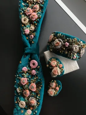 Green Velvet Headband Bracelet and Earrings Embroidered Hair Crown Met Gala Hair Wear