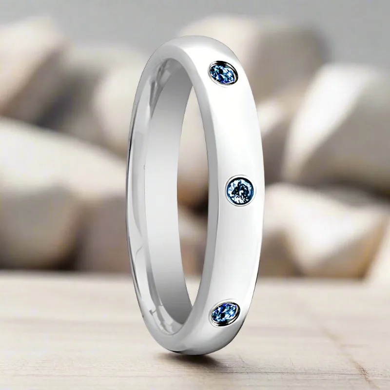 HALIA | Womens Tungsten Ring, 3 Blue Sapphires, Domed