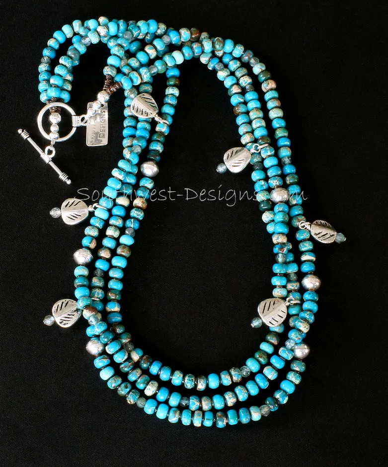Imperial Jasper 3-Strand Necklace with Sterling Silver Leaf Charms, Olive Shell Heishi, and Sterling Silver Beads and Toggle Clasp