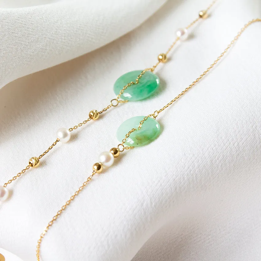 Jade Donut and Freshwater Pearl 18k Gold Bracelet