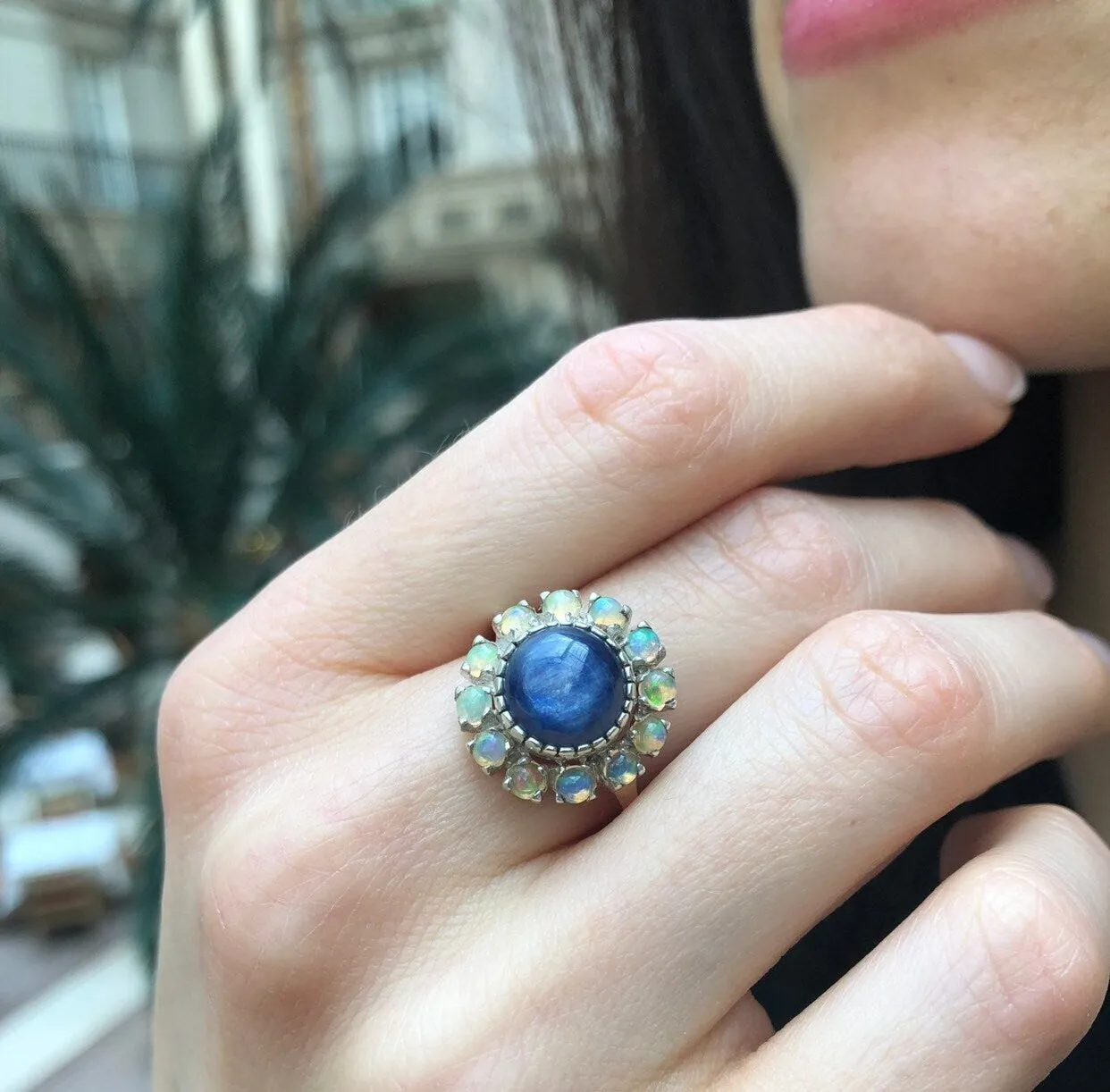Kyanite Ring - Blue Victorian Ring - Vintage Flower Ring