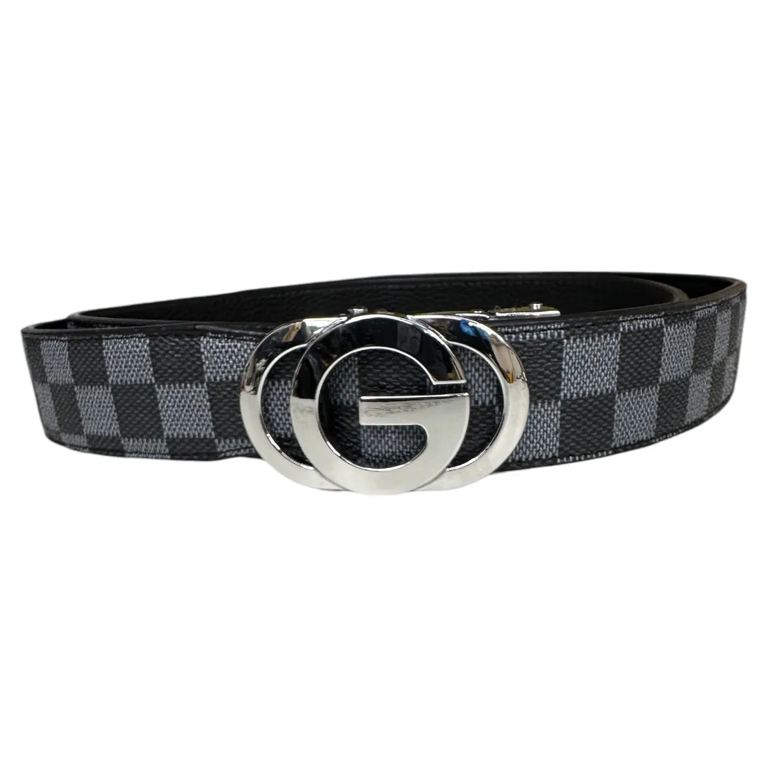 Men's Black Grey Printed Genuine Leather Belt Luxury Style Sliver Buckle