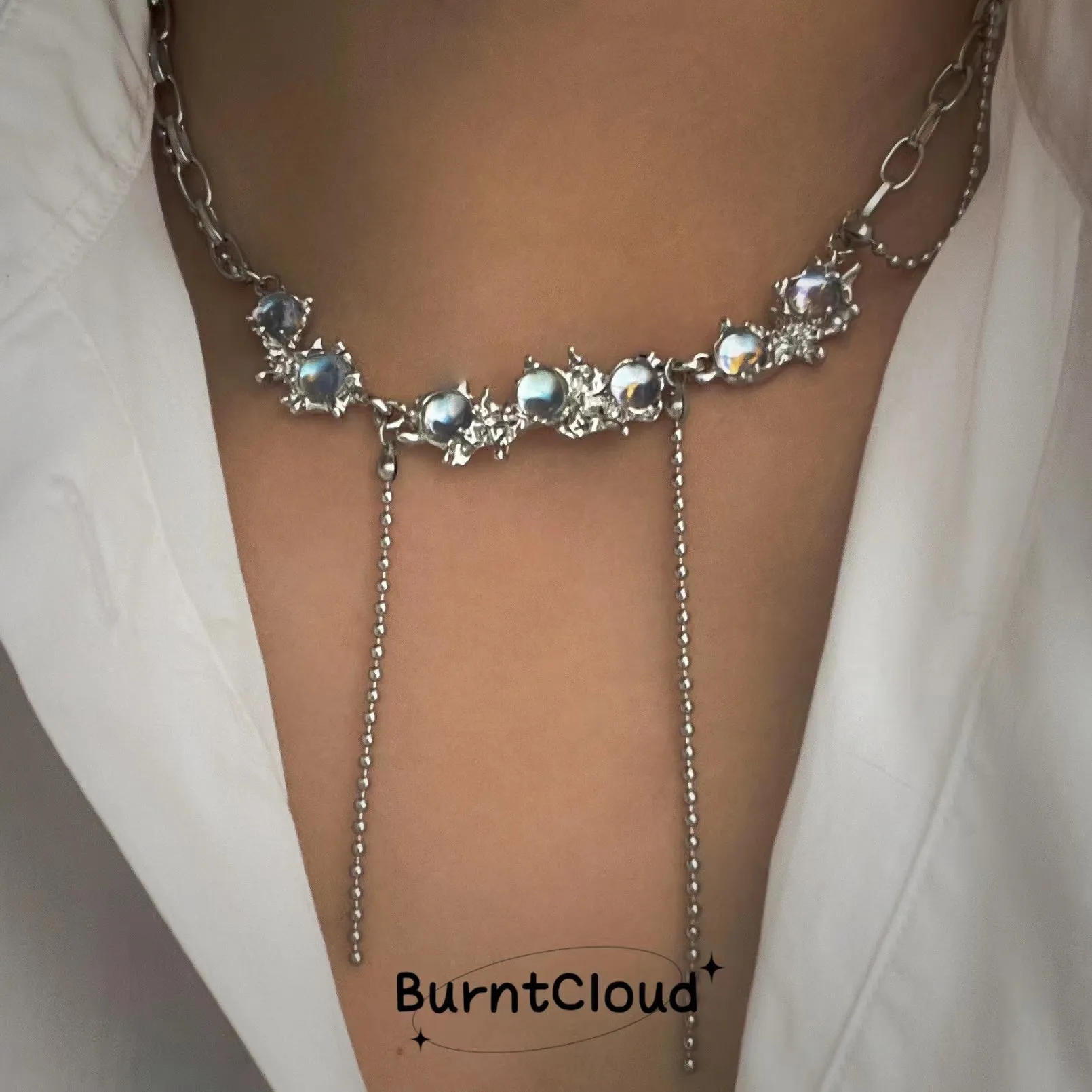 N18 Moonstones (Blue) Silver Necklace