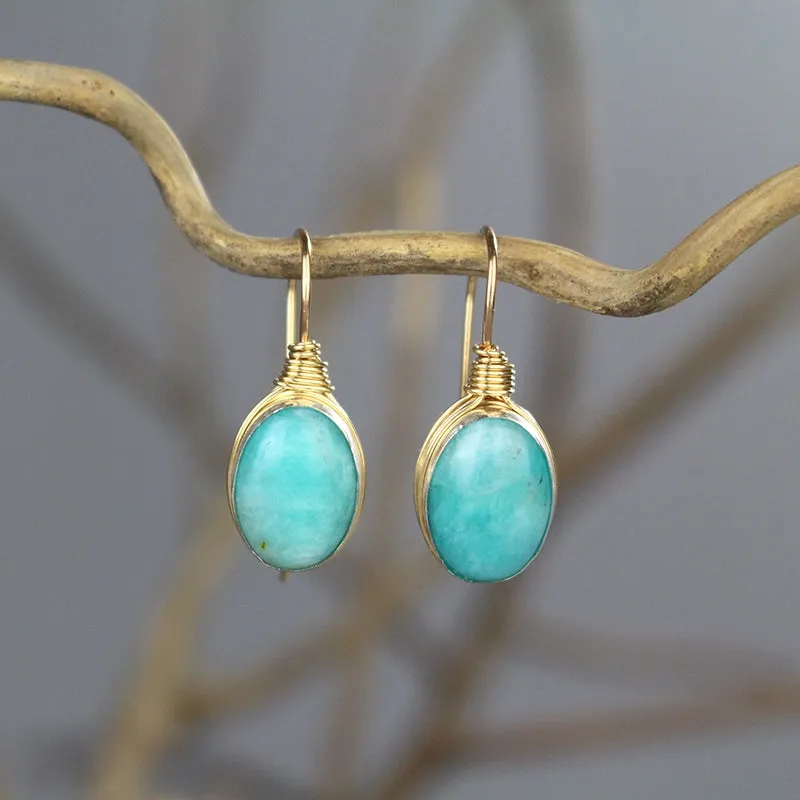 Oval Amazonite Wire Wrapped Earrings