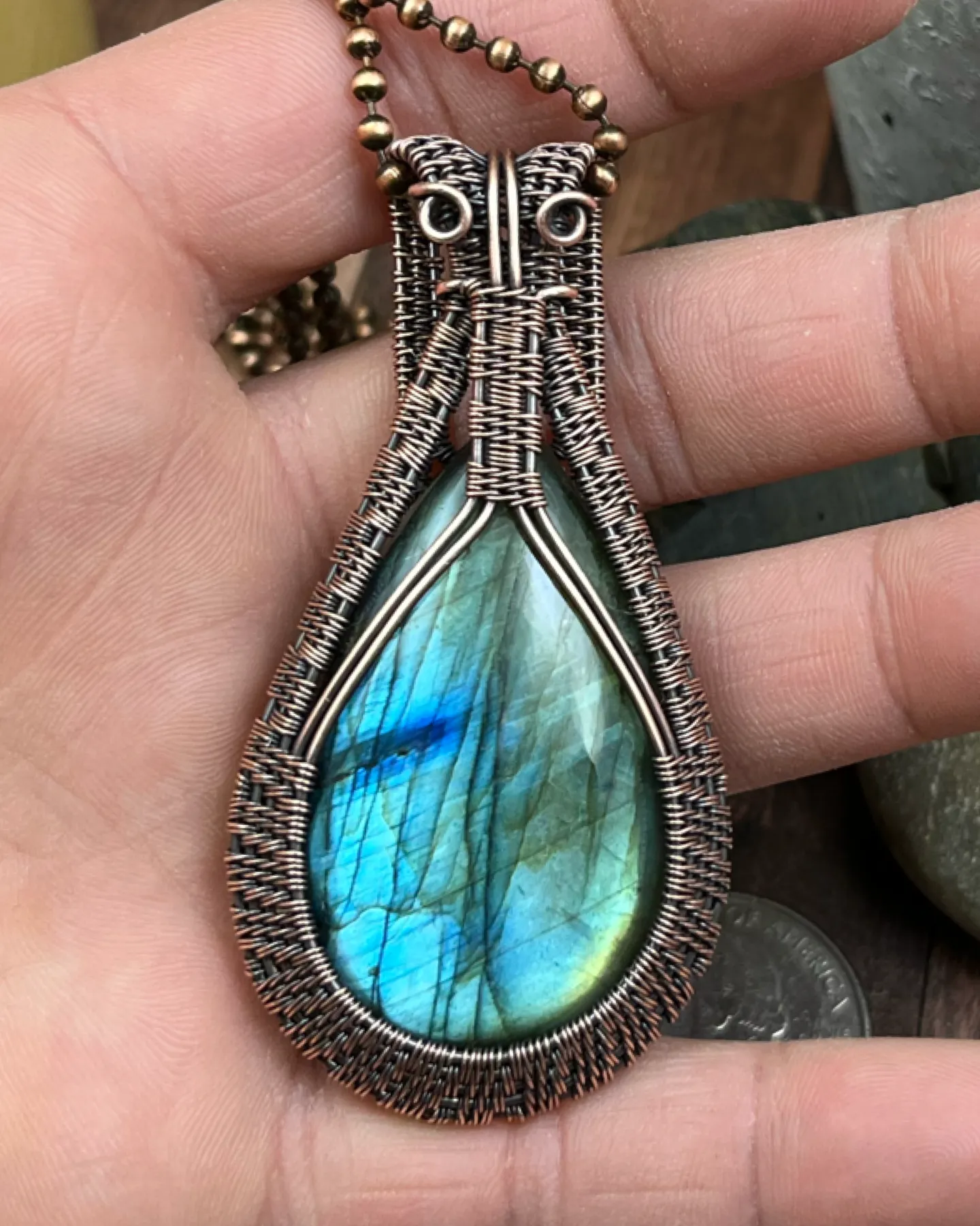 Oxidized Copper Wire Woven Labradorite Pendant