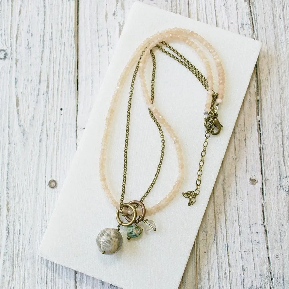 Peach & Gray Moonstone with Turquoise, Crystal Necklace