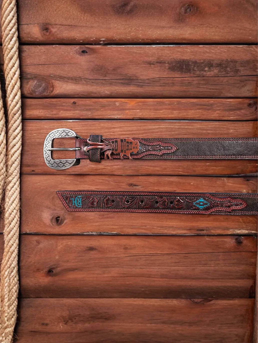 Red Dirt Hat Co. Brown Genuine Leather Belt w/Turquoise Aztec Accents 23133BE3
