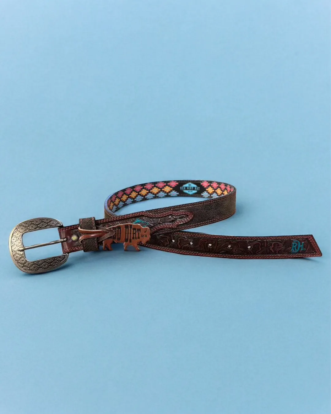Red Dirt Hat Co. Brown Genuine Leather Belt w/Turquoise Aztec Accents 23133BE3