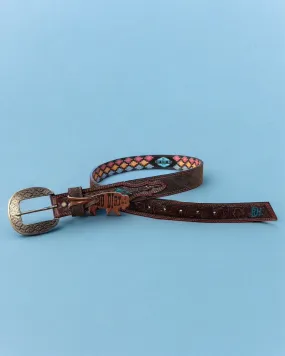 Red Dirt Hat Co. Brown Genuine Leather Belt w/Turquoise Aztec Accents 23133BE3