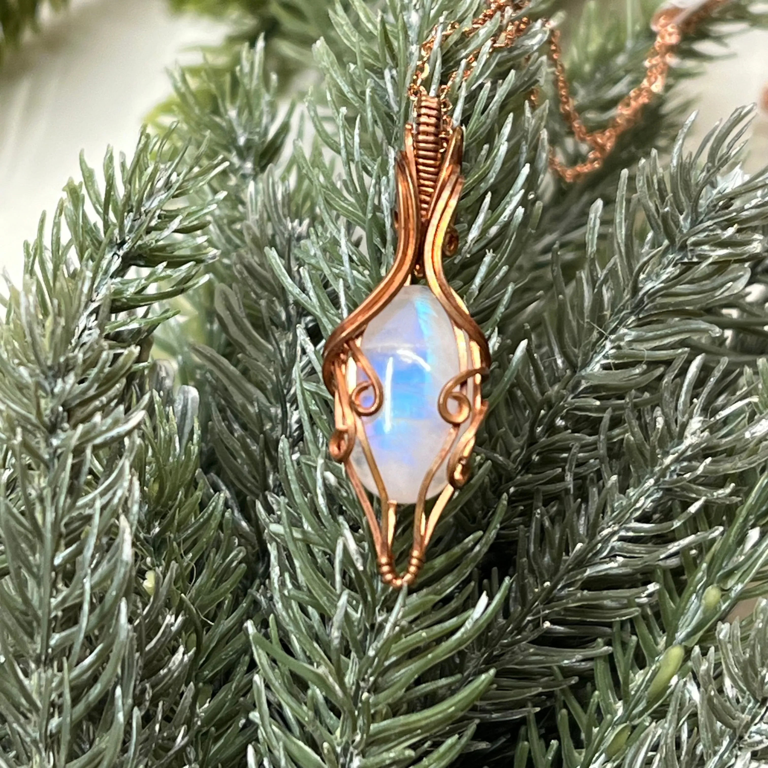 Reserved for Cindy- Rainbow Moonstone Pendant Wire-Wrapped in Copper