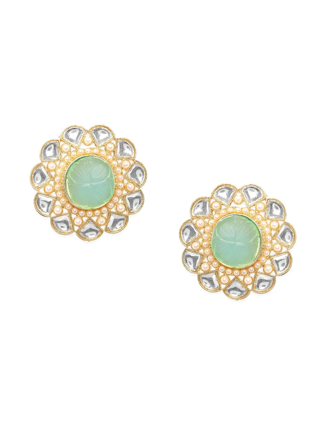 Rubans Kundan Earrings with Mint Blue Stone and White Beads