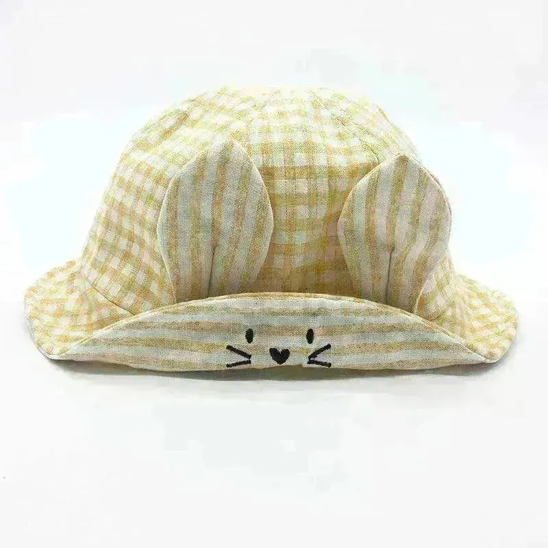 Small Fine Grid Love Rabbit Ears Basin Fisherman Baby Hat
