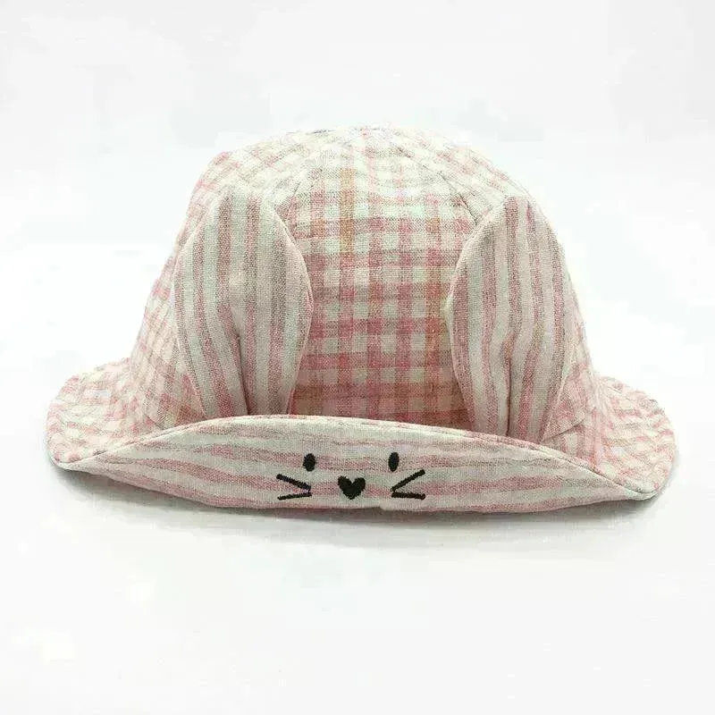 Small Fine Grid Love Rabbit Ears Basin Fisherman Baby Hat