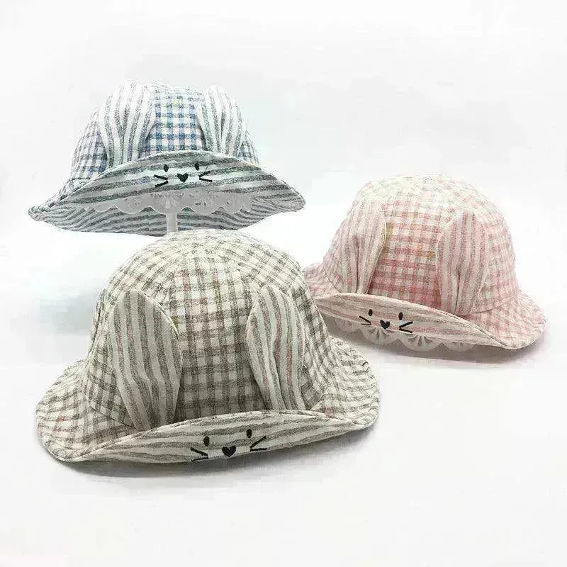 Small Fine Grid Love Rabbit Ears Basin Fisherman Baby Hat
