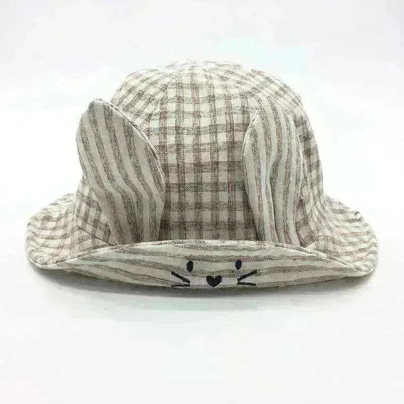 Small Fine Grid Love Rabbit Ears Basin Fisherman Baby Hat