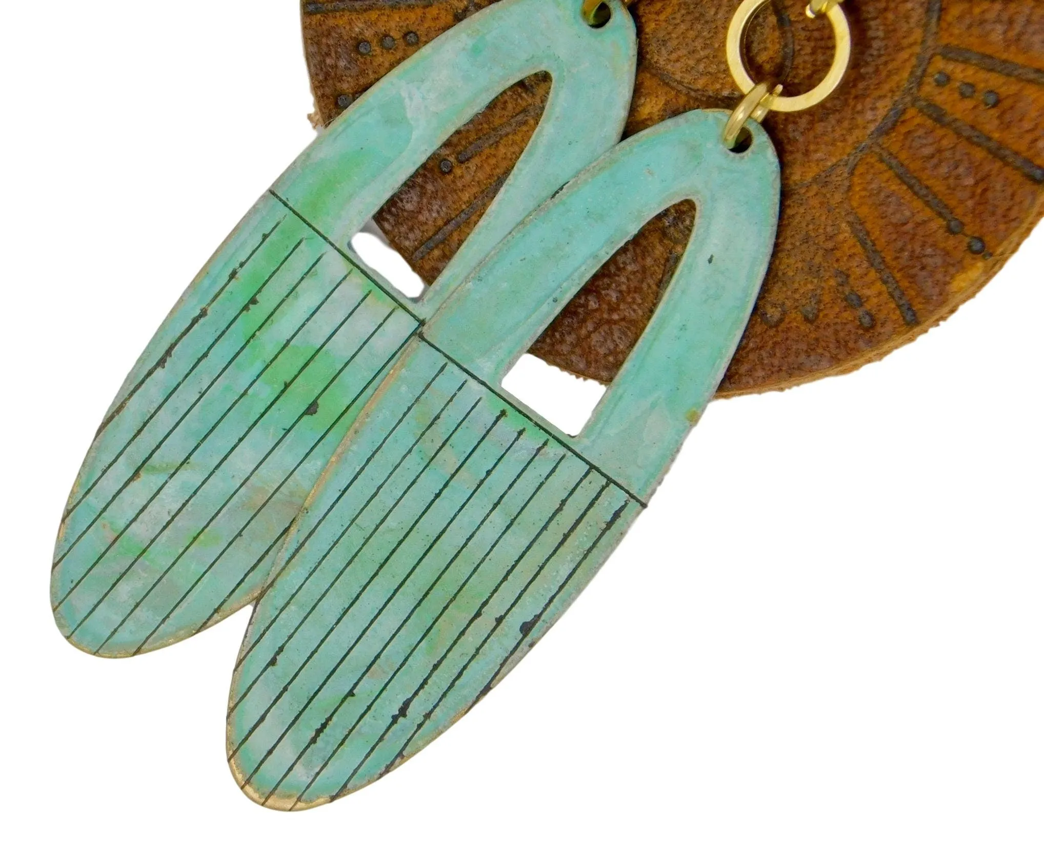 Teal Oval Shaped Brass Patina Earrings With Hand Scribed Black Lines