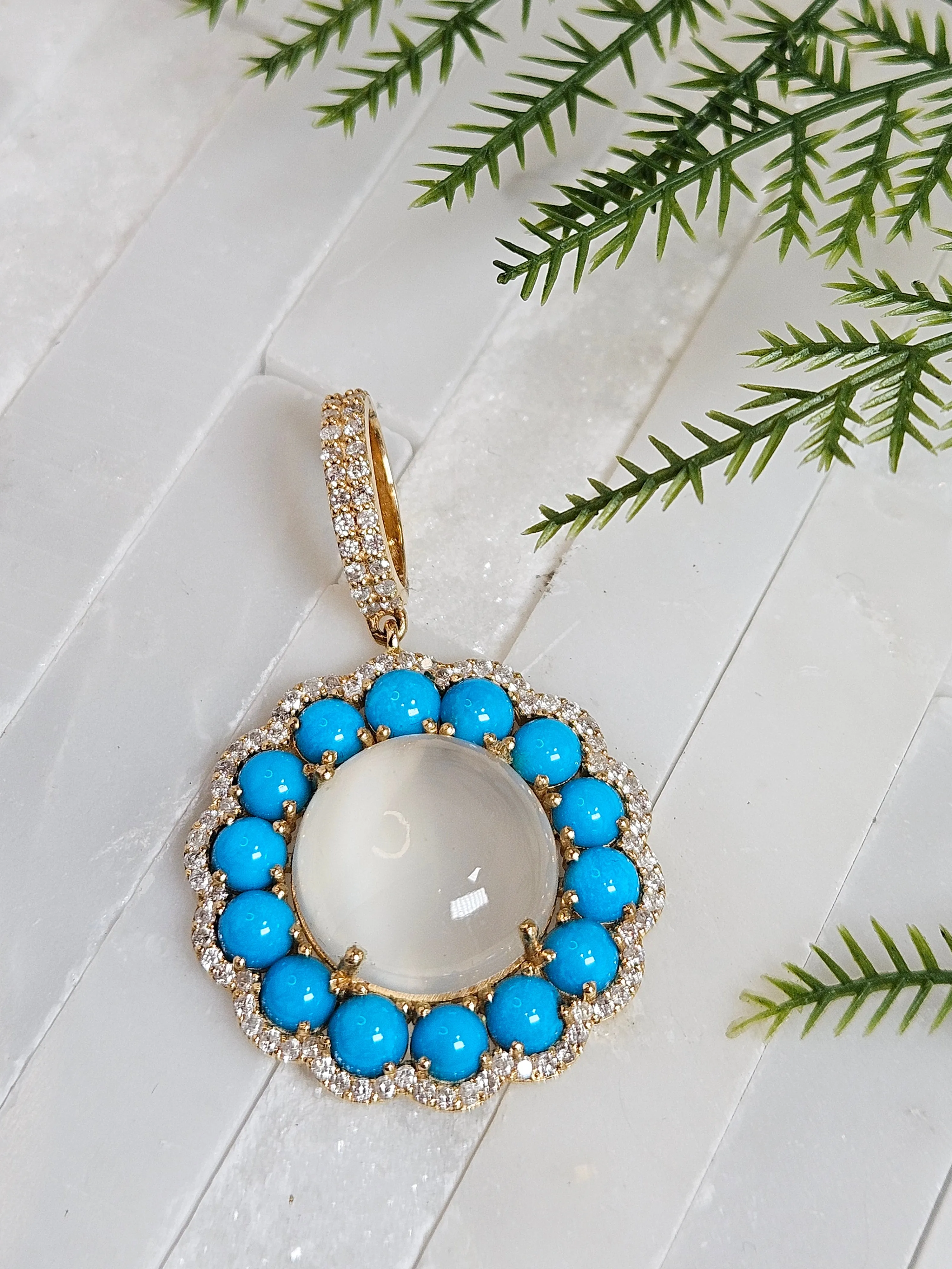 White Moonstone, Sleeping Beauty Turquoise Natural Gemstone Diamond 18K Yellow Gold Pendant
